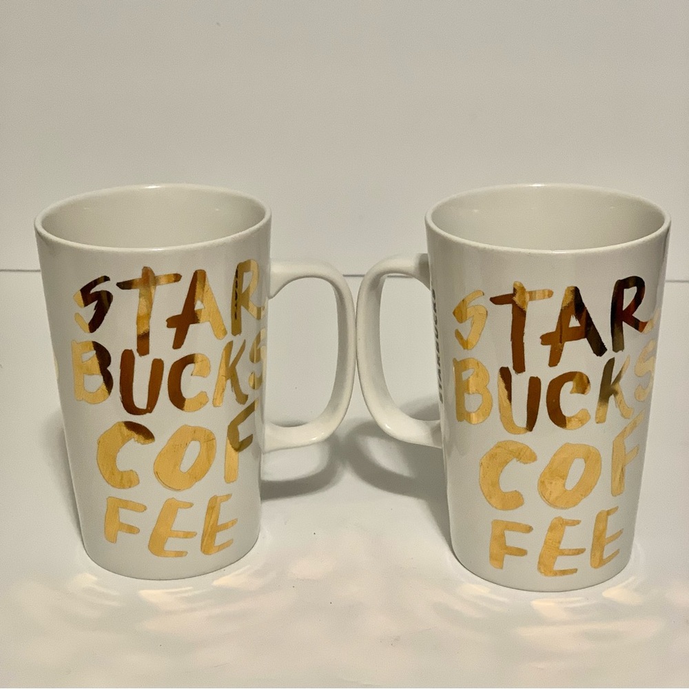 (2) 2015 Starbucks Latte Mug Graffiti Gold Lettering 16oz